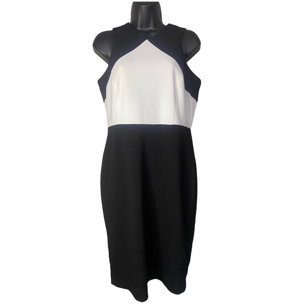 CALVIN KLEIN Black White Sleeveless Sexy Career Business Mini Bodycon Dress